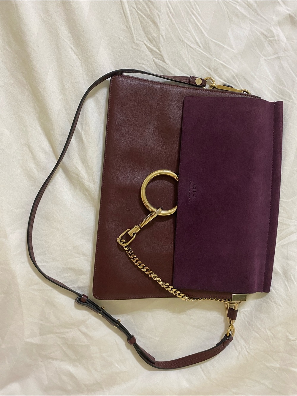 Chloé Faye Medium Two-Tone Burgundy Leather and Plum Suede Shoulder Bag